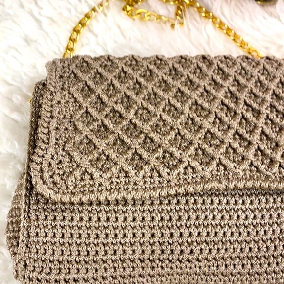 Crocheted Tan of Gold Strap Crossbody Bag Purse Handbag Medium Size - Picture 3 of 9